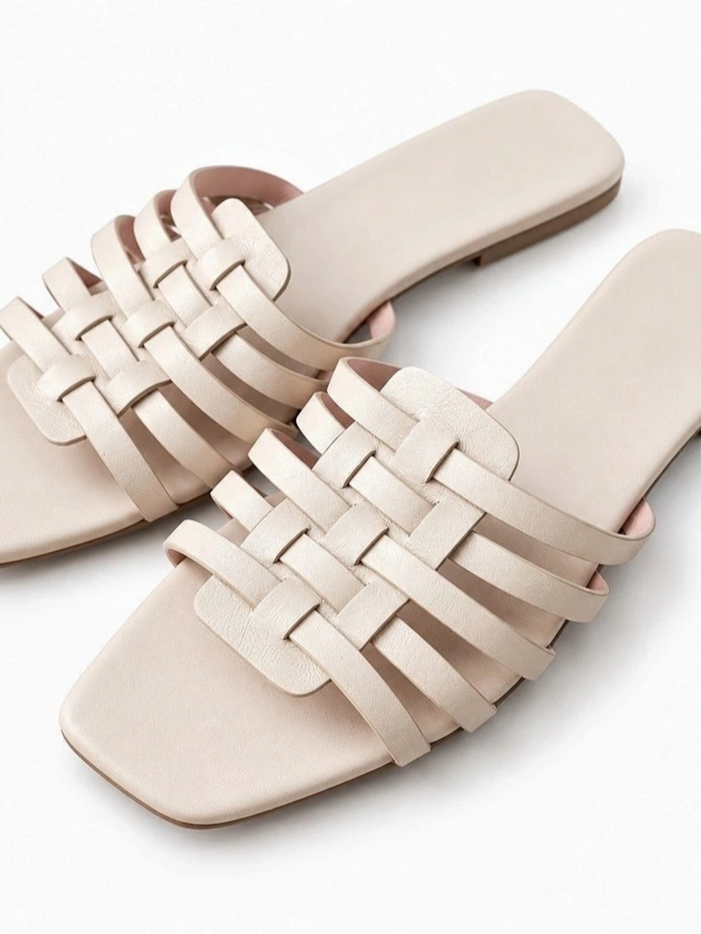 Pretty Ballerinas Woven Square-Toe Flat Slide Sandals in beige/nude.